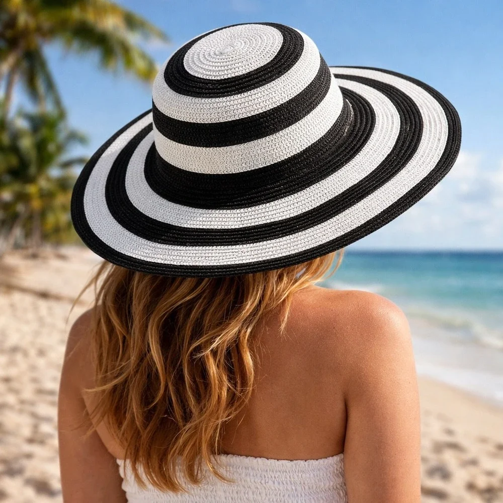 Womens Black White Striped Wide Brim Sun‎ Hat Beach Vacation Floppy